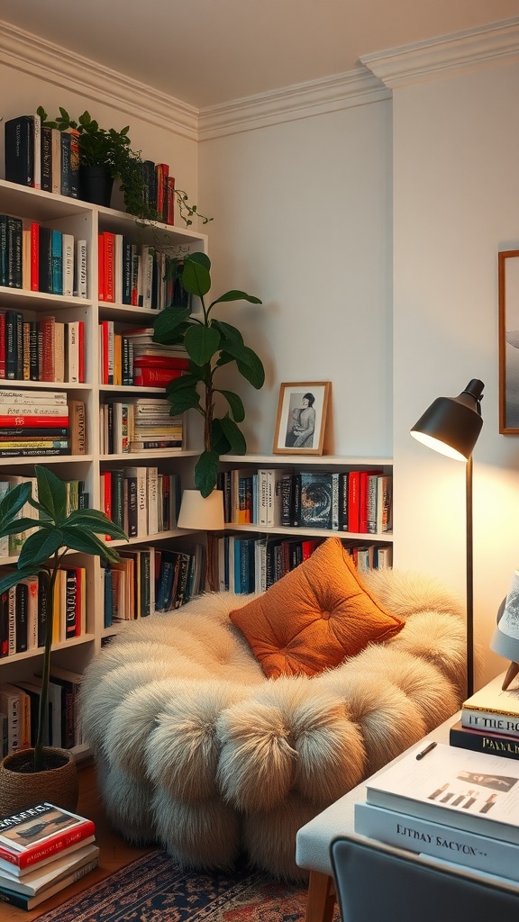 Cozy corner mini library with plush chair and bookshelves