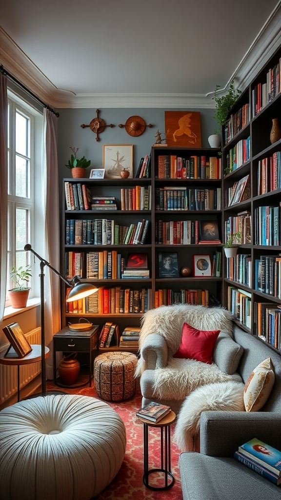 Cozy reading nook with bookshelves, plush seating, and decorative elements.