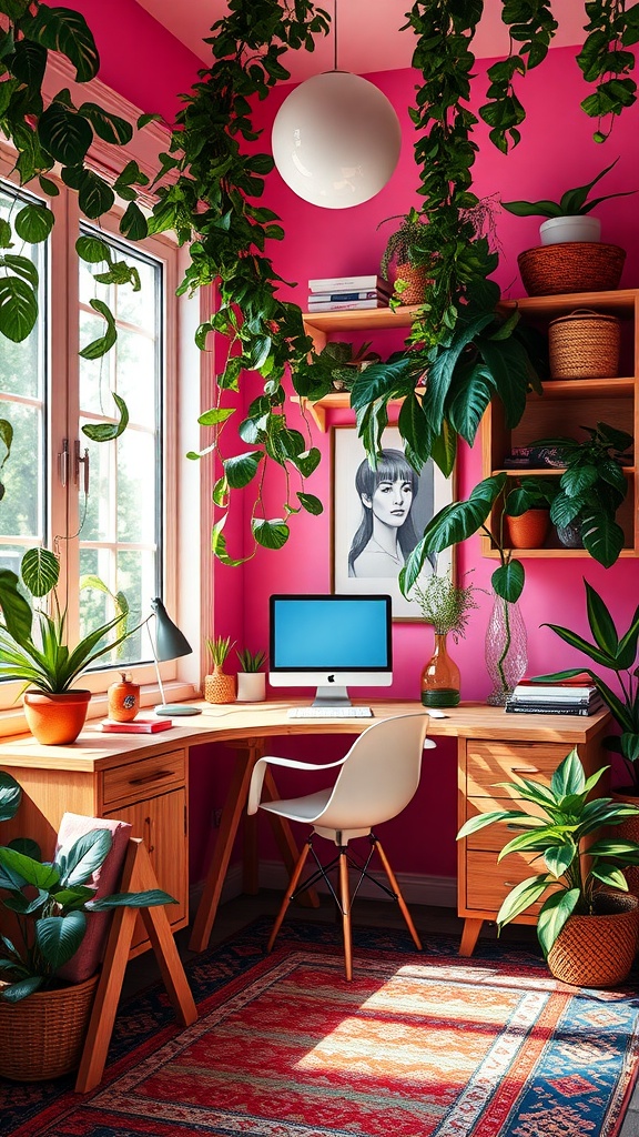 A cozy boho home office with pink walls, a wooden desk, and various plants.