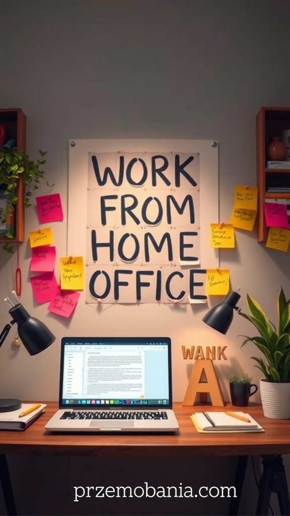 A well-organized home office with a laptop and motivational notes, emphasizing productivity and creativity.