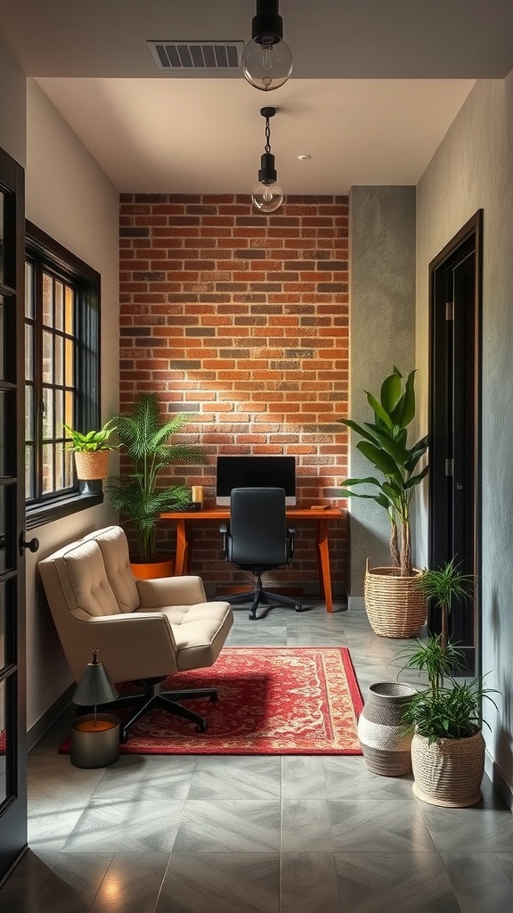 An industrial-style office entrance with large doors, bright windows, and exposed pipes.