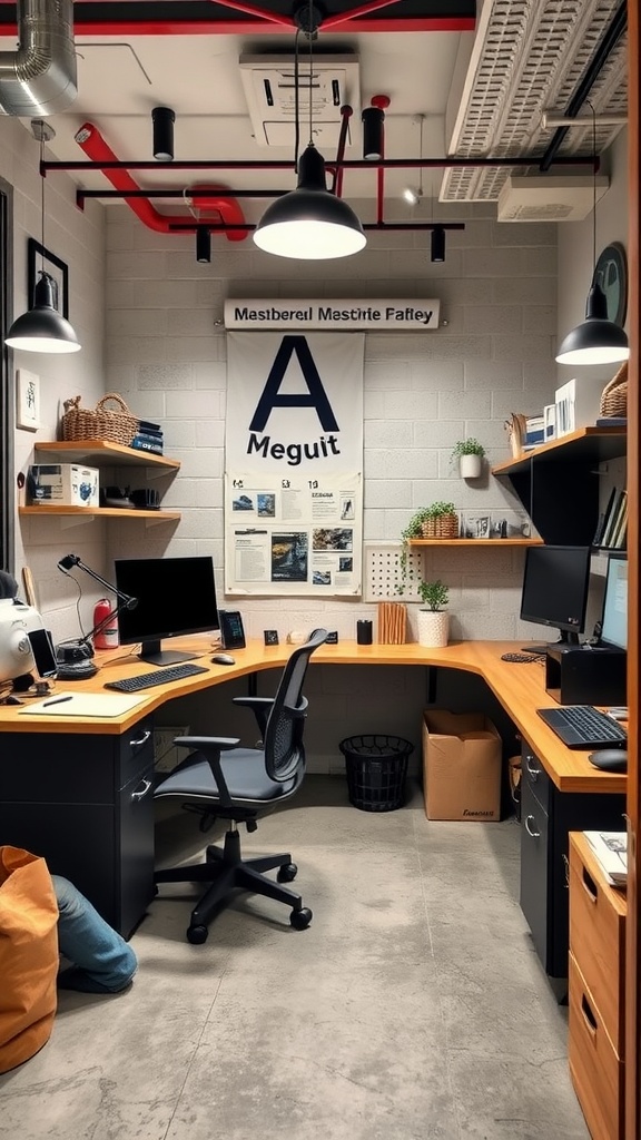 An industrial office space featuring an open layout with desks, computers, and plants.