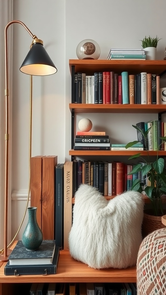 A cozy reading corner with a wooden bookshelf filled with colorful books, a stylish lamp, and decorative items.