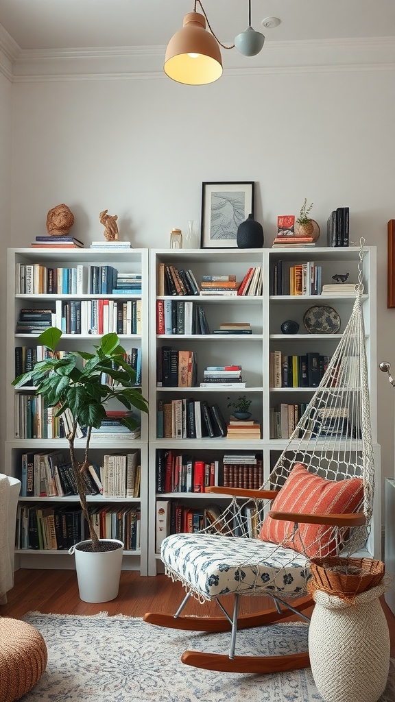 A cozy home library featuring bookshelves, a rocking chair, and a plant.