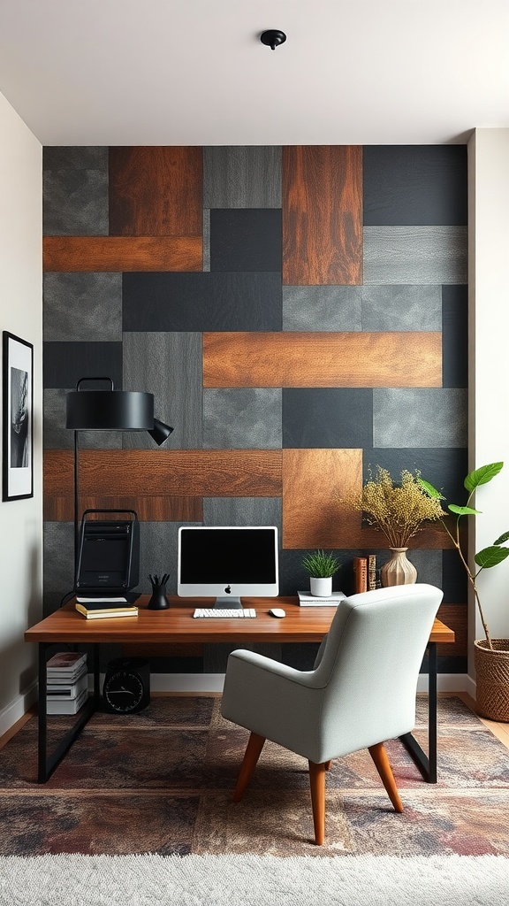 A home office featuring a dramatic accent wall with mixed materials, a sleek desk, and stylish décor.