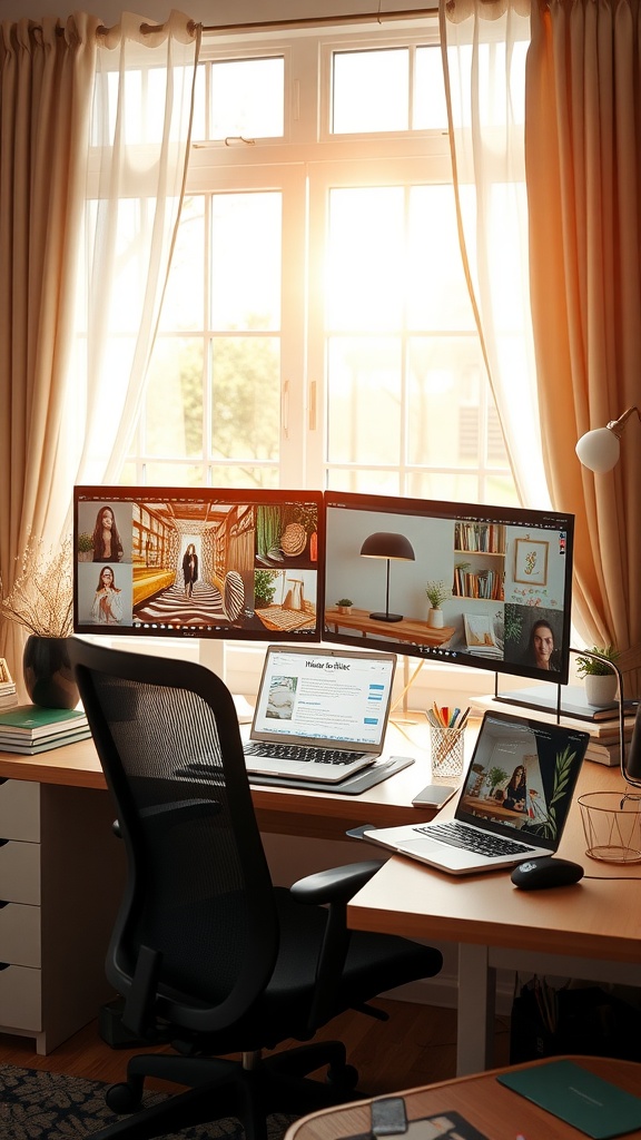 A dual monitor home office setup featuring a laptop, organized desk, and natural light from the window.