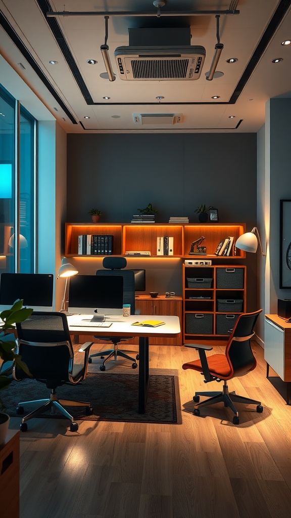 Modern office interior featuring dynamic lighting solutions with warm glowing shelves and sleek furniture.