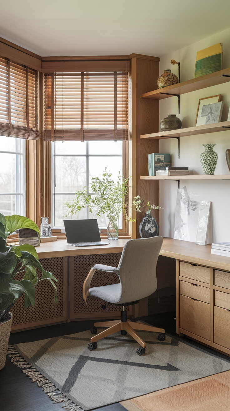 Bright and cozy home office sunroom with large windows, plants, and a wooden desk.