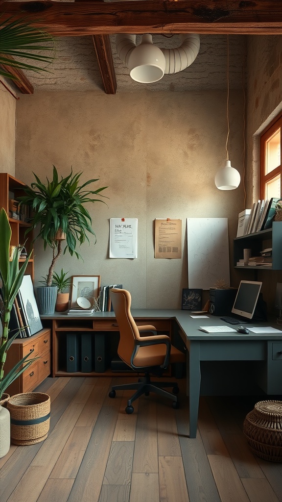 Cozy rustic home office with earthy color palette, plants, and wooden accents.