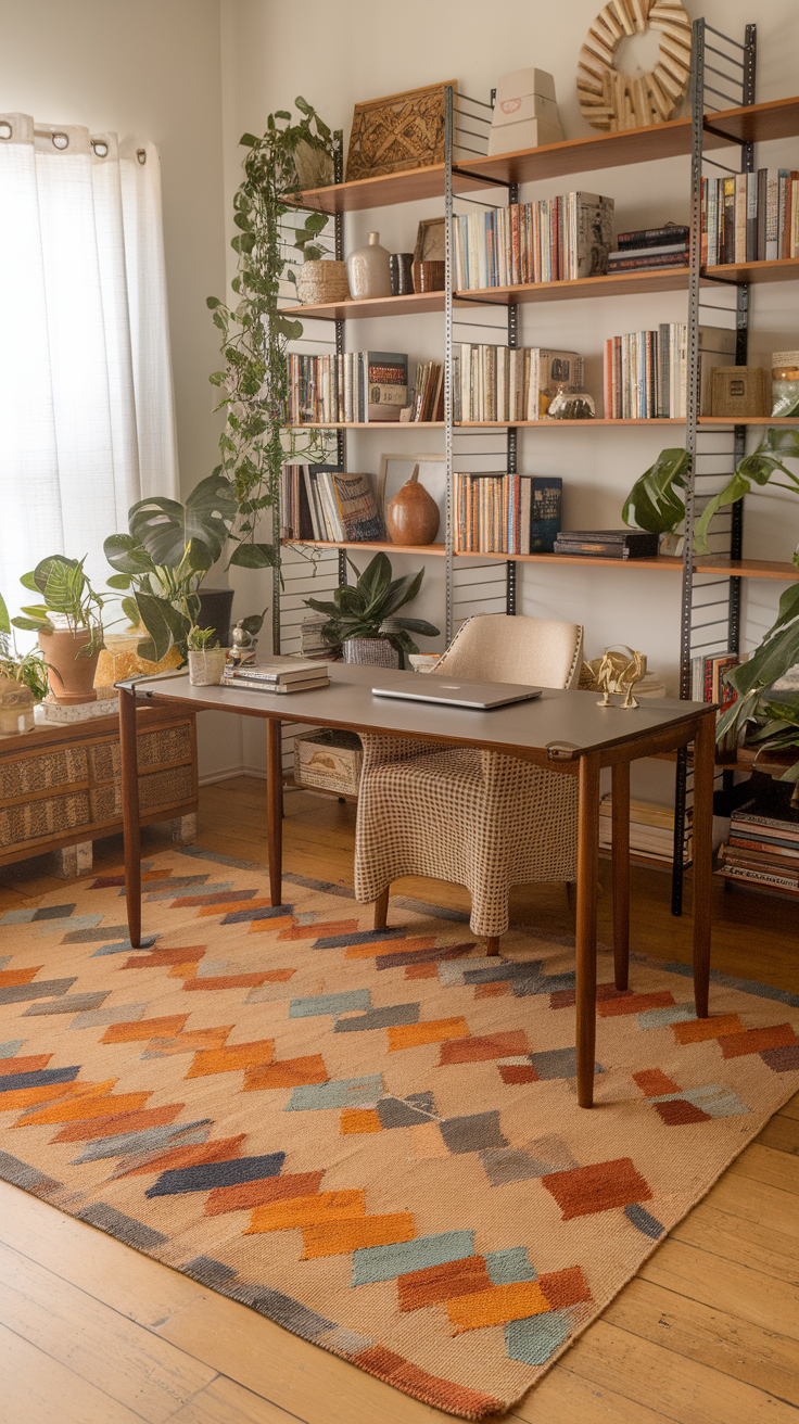 A cozy home office featuring a round area rug with earthy tones under a desk, surrounded by plants and wooden furniture.