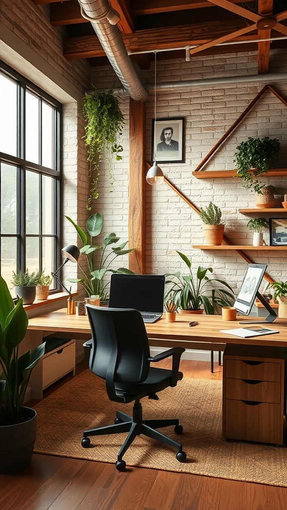 A cozy office space featuring earthy tones, plants, and natural light.