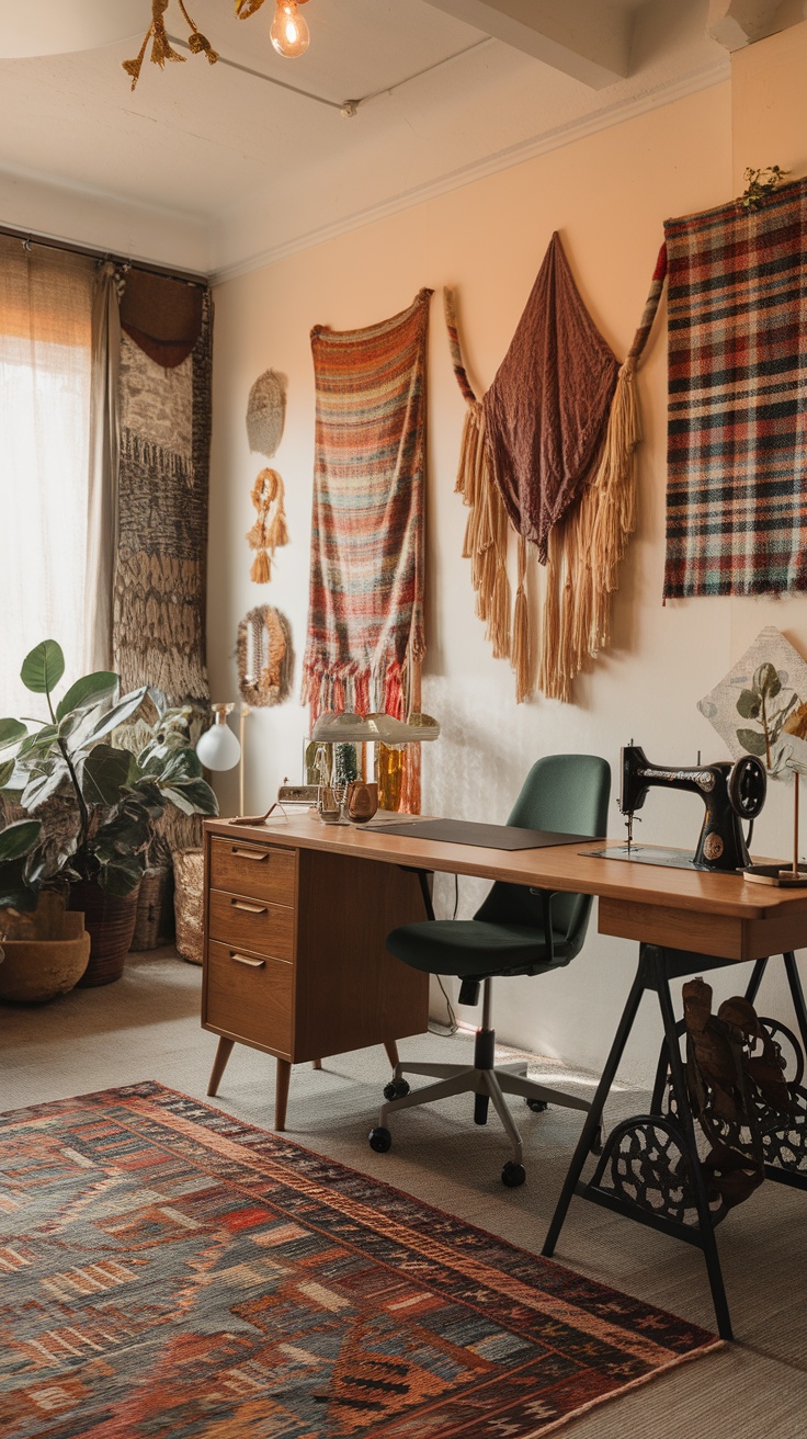 A cozy boho office space with pink walls, eclectic furniture, plants, and artwork.