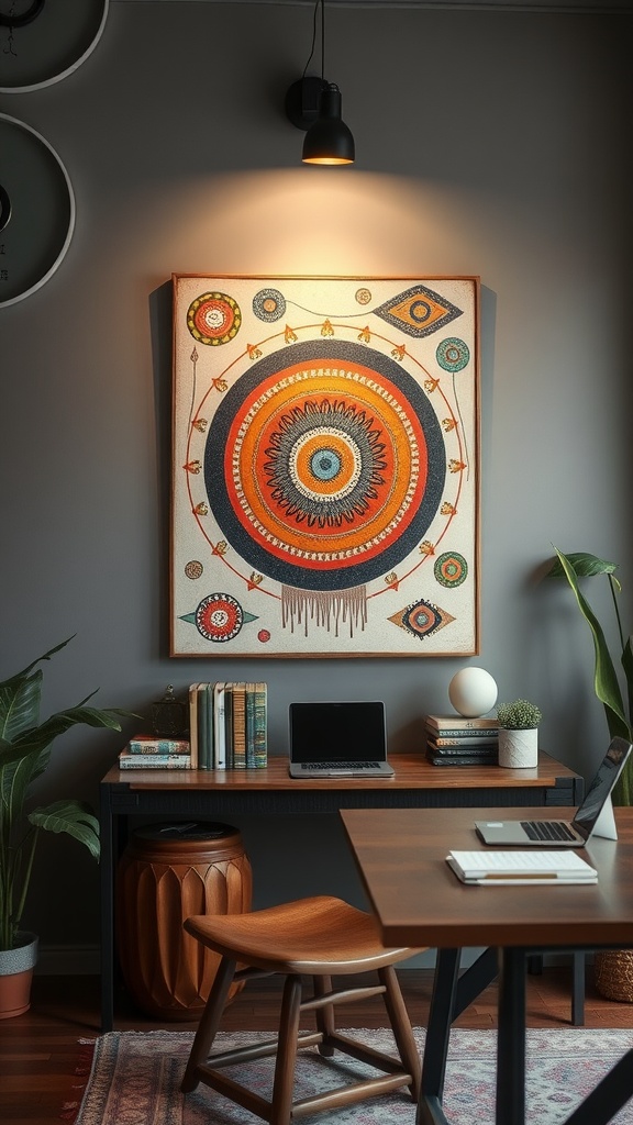 An eclectic wall art display in a boho office featuring various framed artworks and plants.