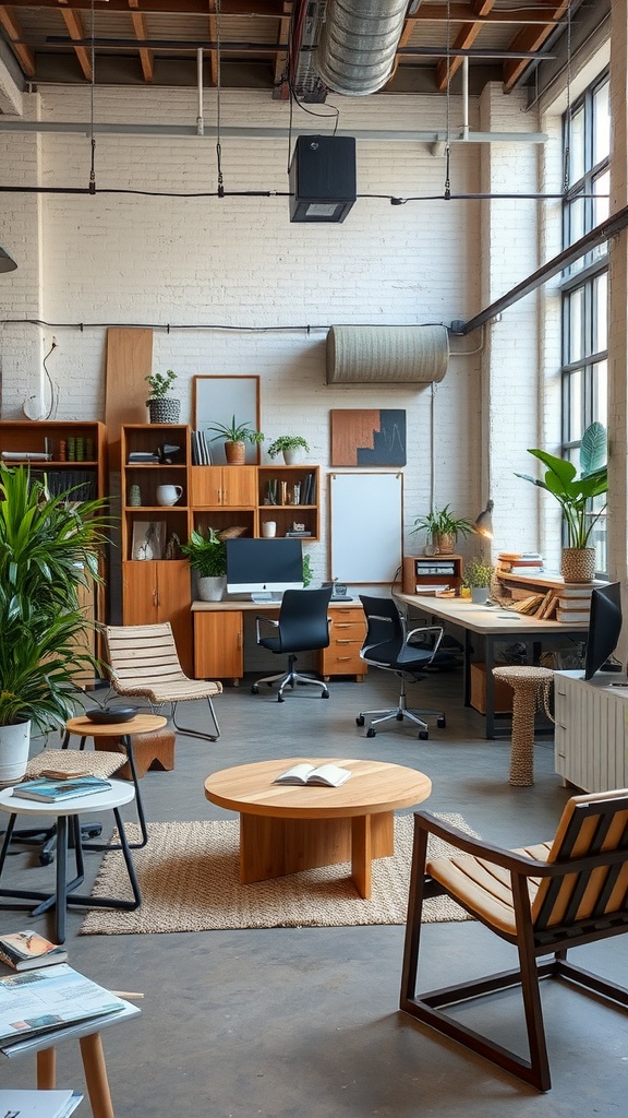 A modern industrial office space with wooden furniture, plants, and a cozy layout.