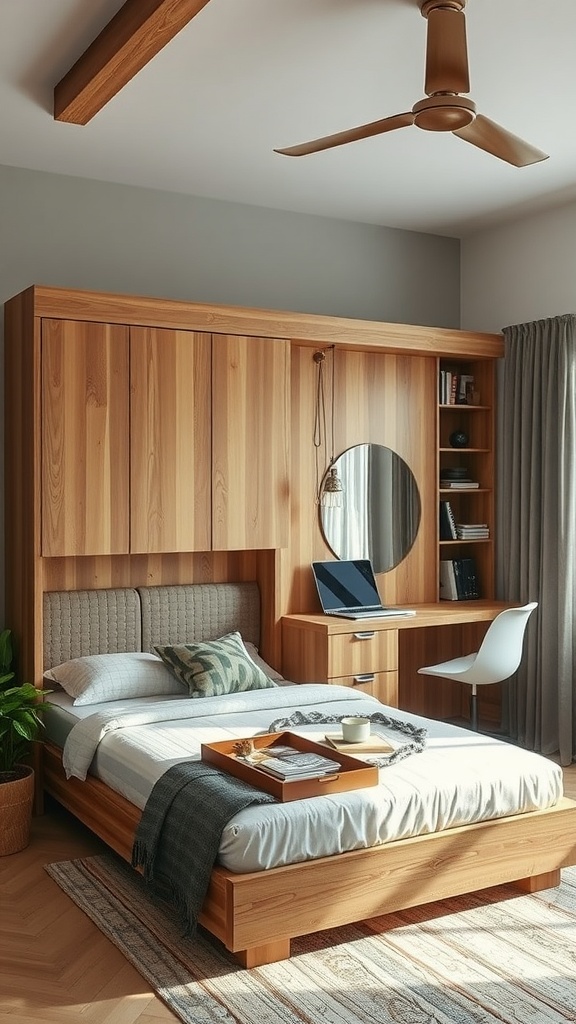 Cozy home office featuring a Murphy bed and warm wooden accents