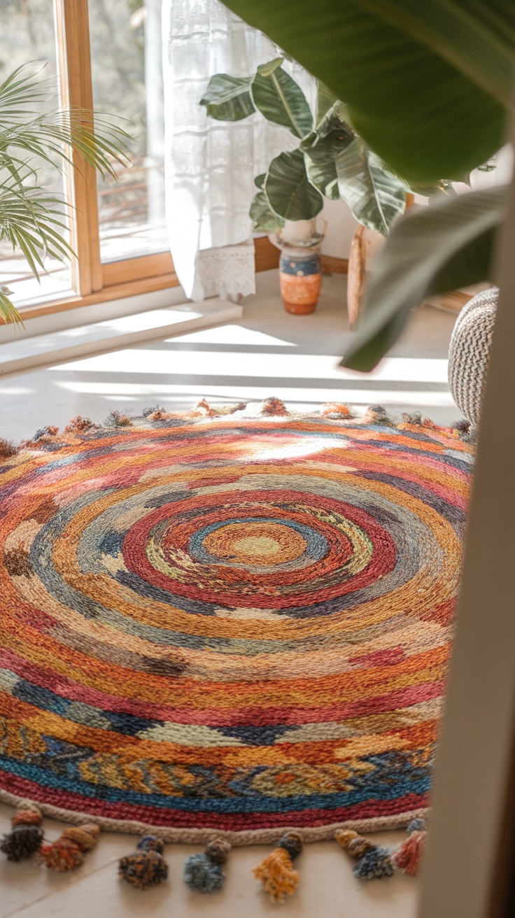 A vibrant round jute rug with colorful patterns, placed in a bright room with plants and wooden decor.