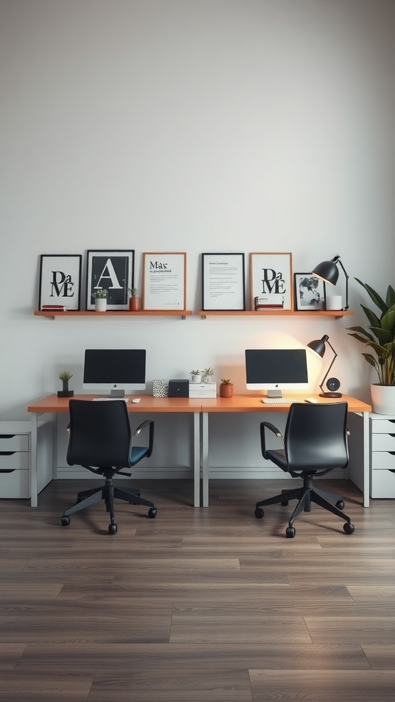 A dual workspace featuring two desks with computers, plants, and framed art on the wall.