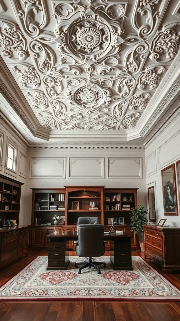 An elegant ceiling design in a luxurious home office with intricate details and rich wooden furniture.