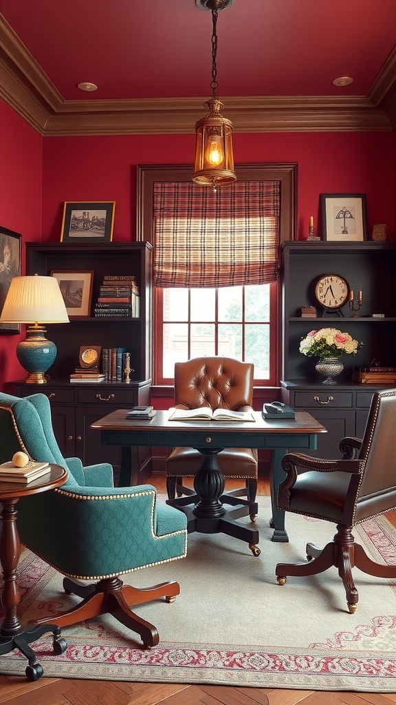 A stylish home office featuring a blue desk, soft chair, and artistic decor