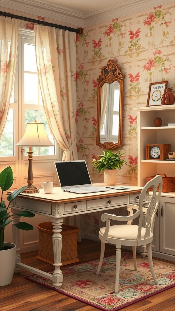 A cozy and elegant office space with a vintage desk, stylish curtains, and chic decor.