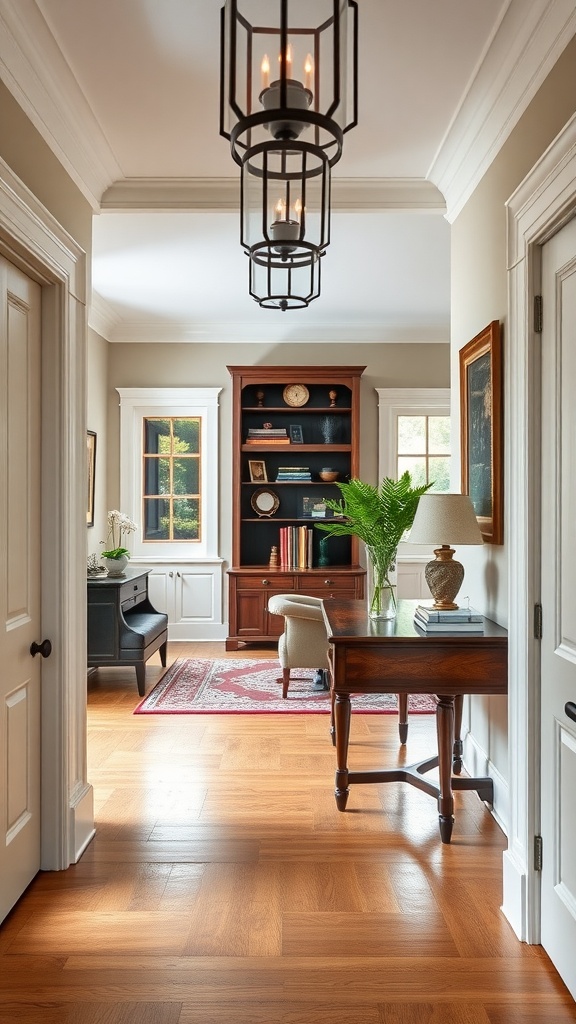 A stylish entryway leading to a masculine home office, featuring modern classic design elements and elegant decor.