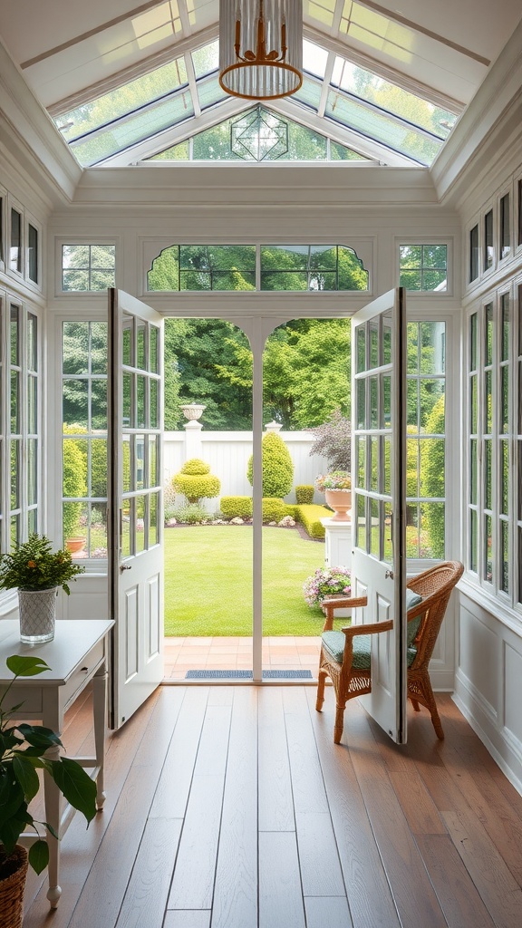 A bright sunroom with French doors leading to a garden, featuring wooden floors and indoor plants.