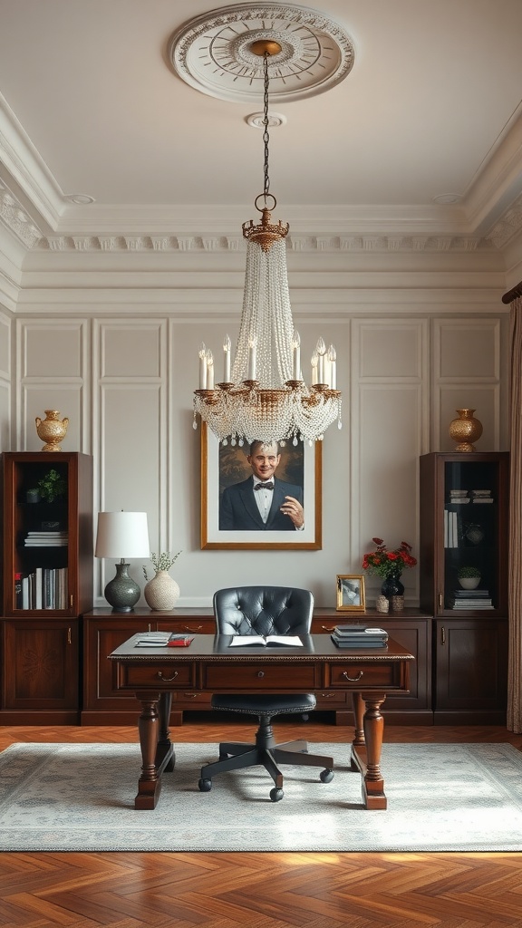 A luxurious home office featuring a grand chandelier, wooden furniture, and elegant decor.