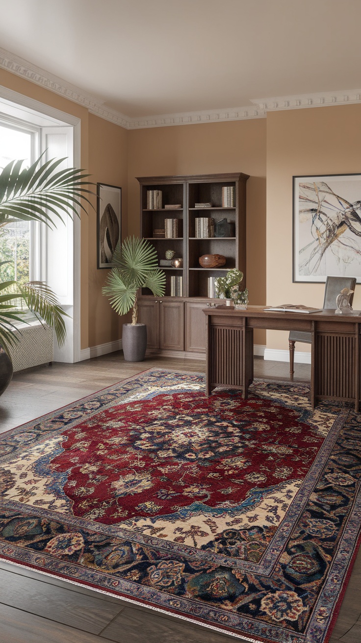 Bohemian home office featuring a beautiful Persian rug under a desk.