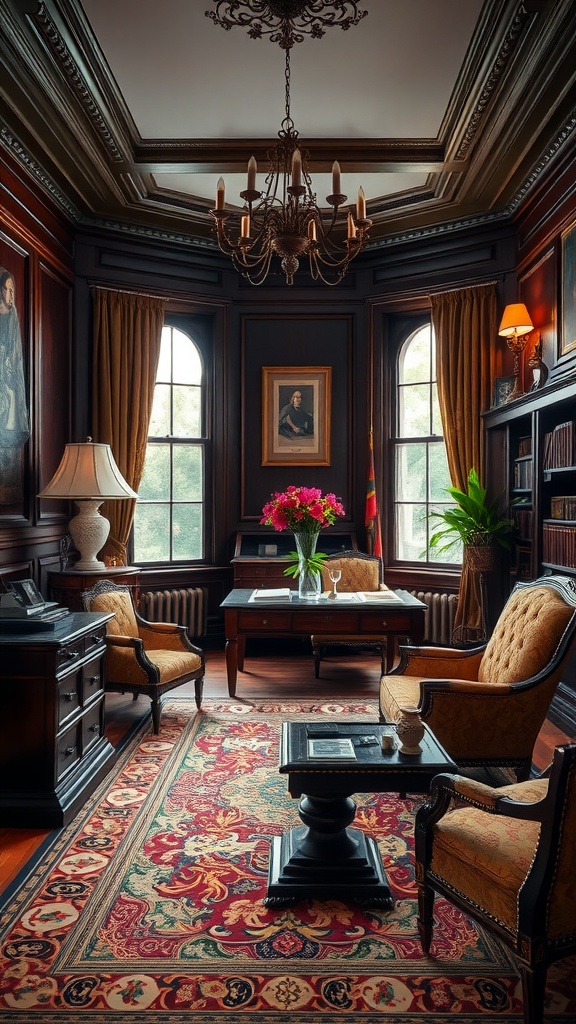 An elegant study featuring dark wood furniture, plush seating, and a decorative rug, creating a cozy office space.