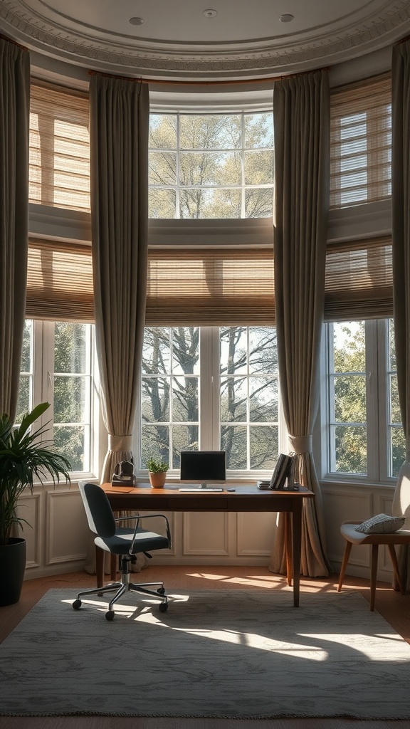 A well-lit modern classic office featuring elegant window treatments with soft curtains and shades, showcasing a sophisticated workspace.