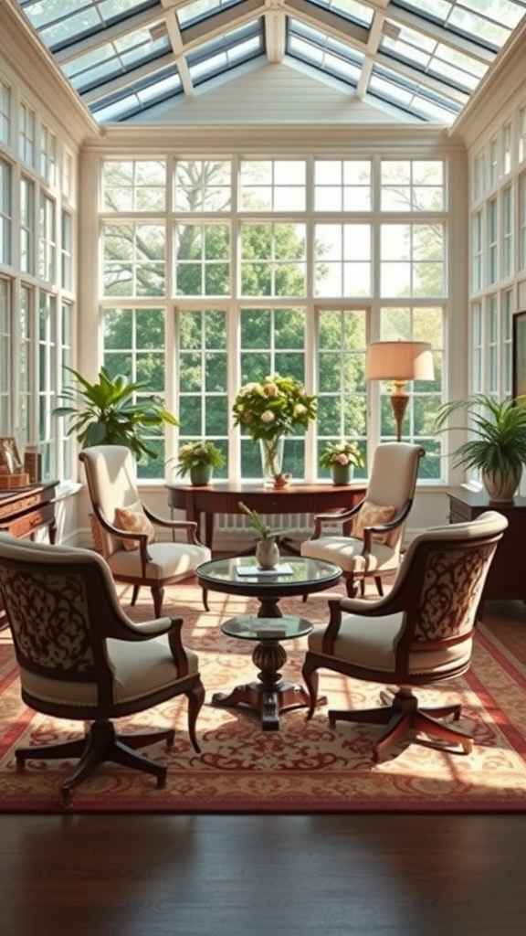 A beautifully styled sunroom with comfortable seating, large windows, and a cozy feel.