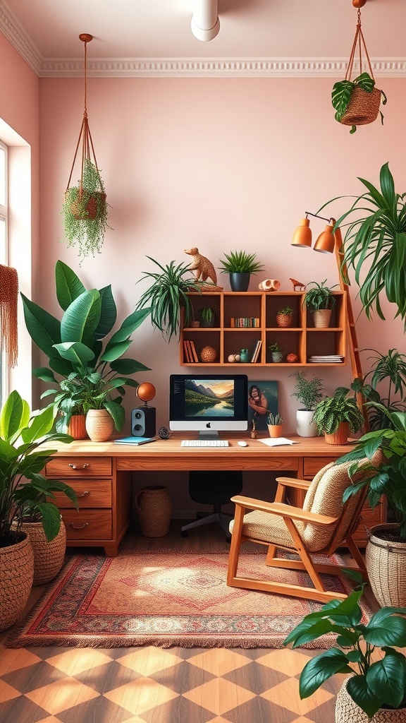 Cozy boho office with lush plants, wooden desk, and warm decor.