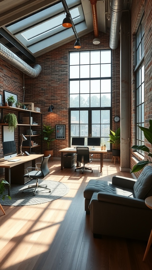 A spacious industrial office interior featuring large windows and modern workstations.