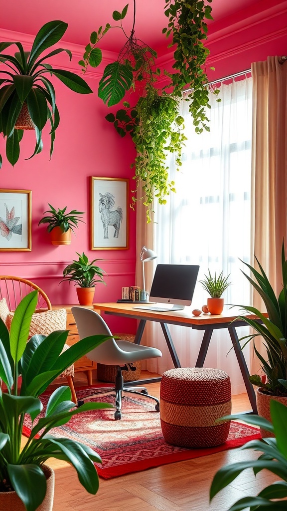 A vibrant boho office featuring pink walls, indoor plants, and a cozy desk space