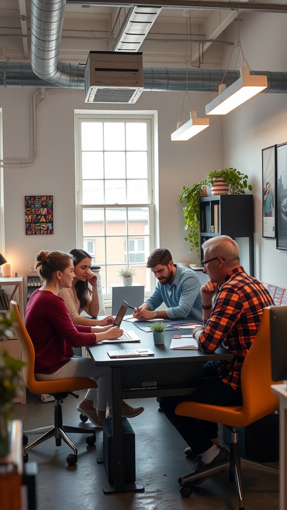 Group of young professionals collaborating in a modern industrial office space