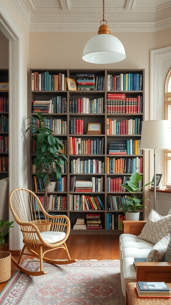 A cozy library corner with a bookshelf filled with colorful books, a comfortable chair, and plants, creating a warm reading space.