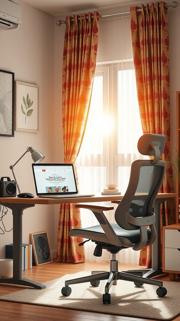 A cozy office setup featuring an ergonomic chair, desk, and natural light.