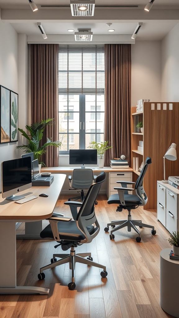 An ergonomic office setup featuring modern desks and chairs in a bright workspace with plants and natural light.