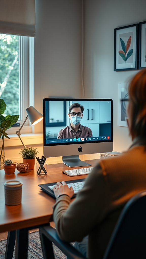 A stylish home office setup featuring a person working at a desk with two computer screens, conveying a sense of focus and productivity.