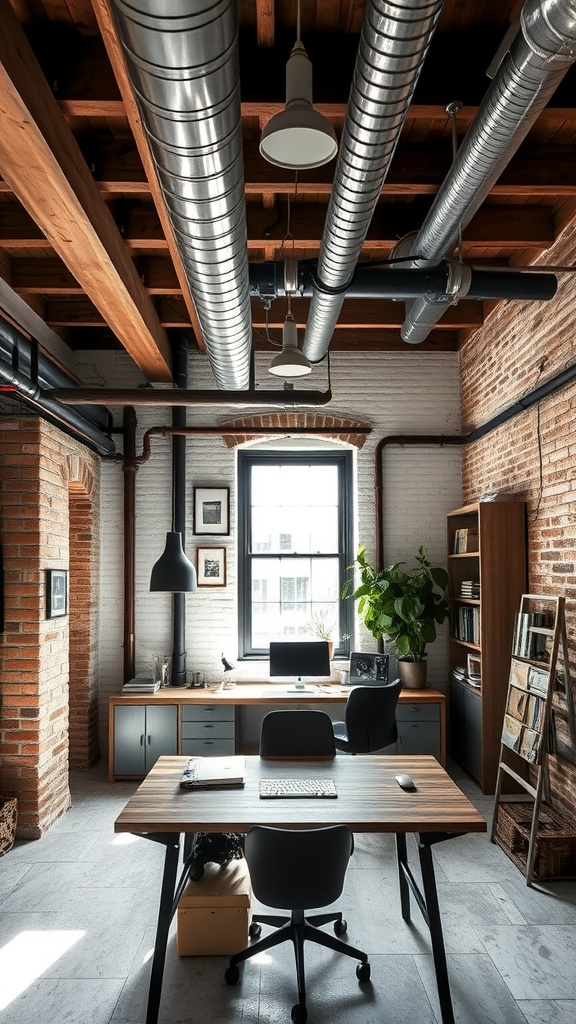 A spacious industrial office with exposed beams and pipes, showcasing high ceilings and large windows.