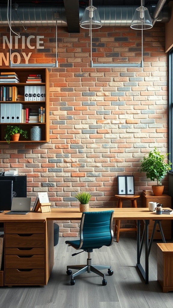 A rustic office with an exposed brick wall, wooden shelves, and a desk featuring a teal chair.