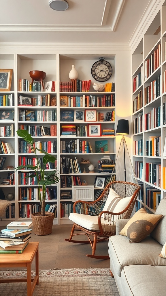 Cozy home library with colorful bookshelves, comfortable seating, and plants.