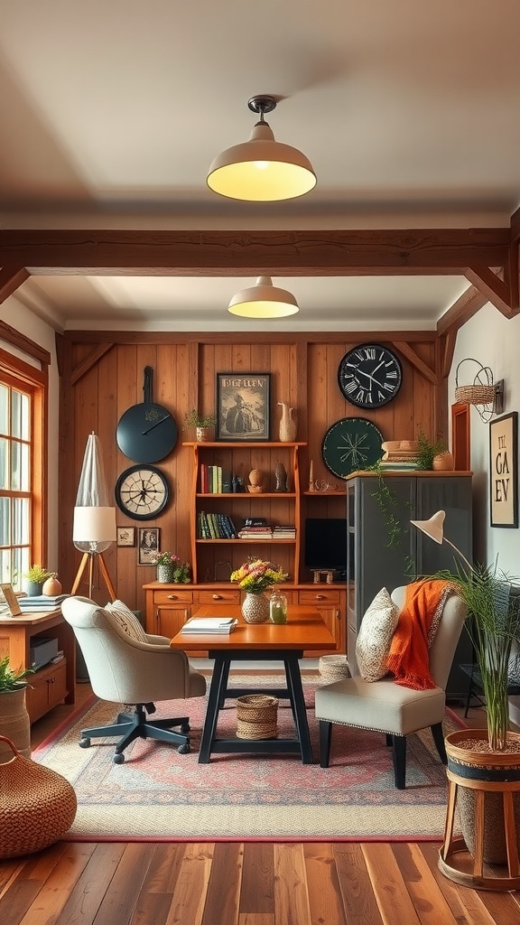 A cozy farmhouse style office space with wood accents, plants, and comfortable seating.