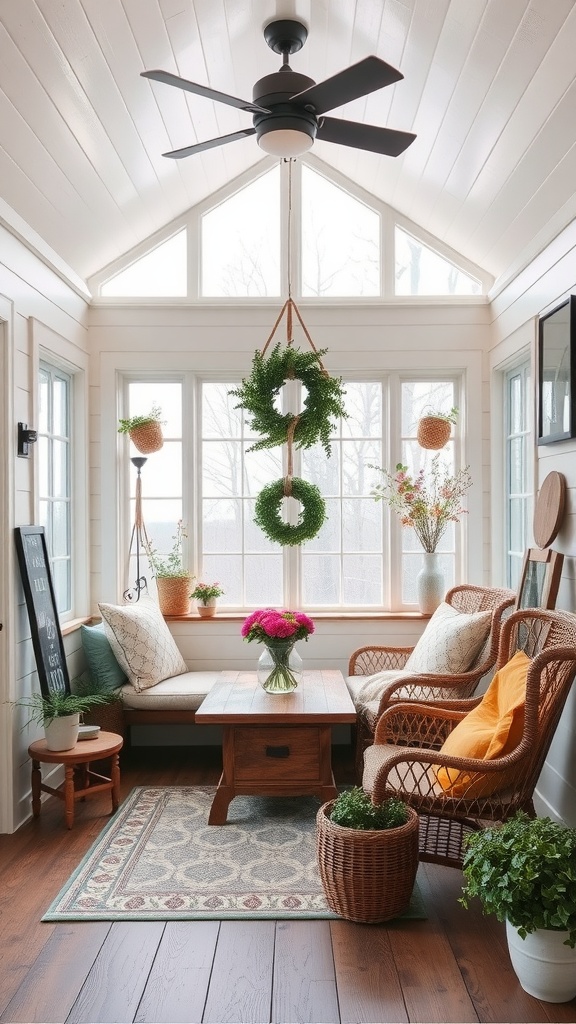 A cozy farmhouse style sunroom with natural light, plants, and rustic decor.