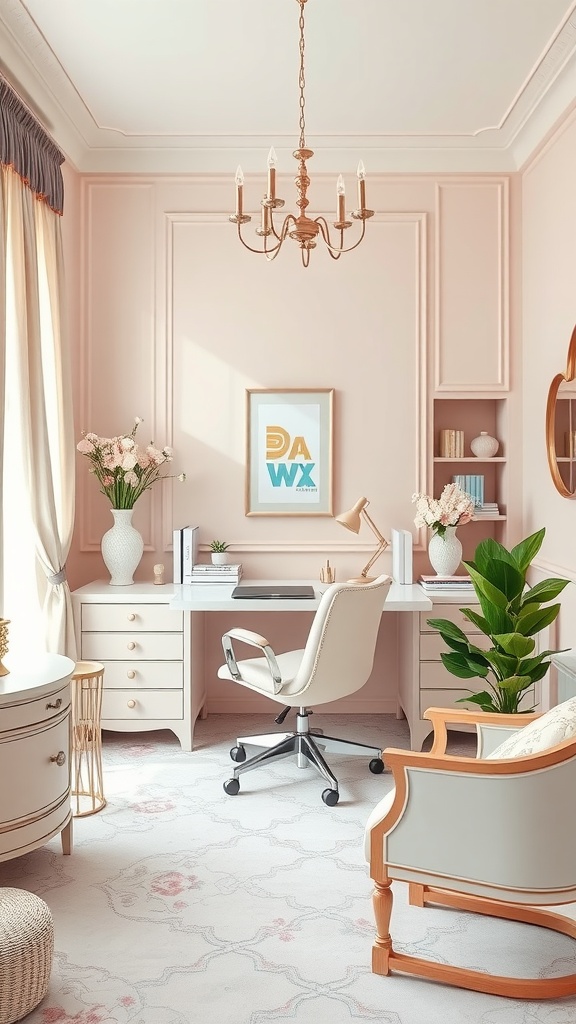 A feminine elegant workspace with pink walls, a white desk, cozy seating, and decorative plants.