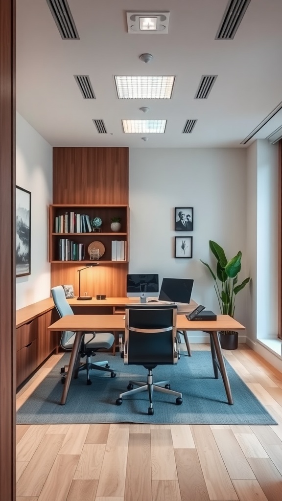 A modern office interior featuring a wooden desk, ergonomic chair, and stylish decor.