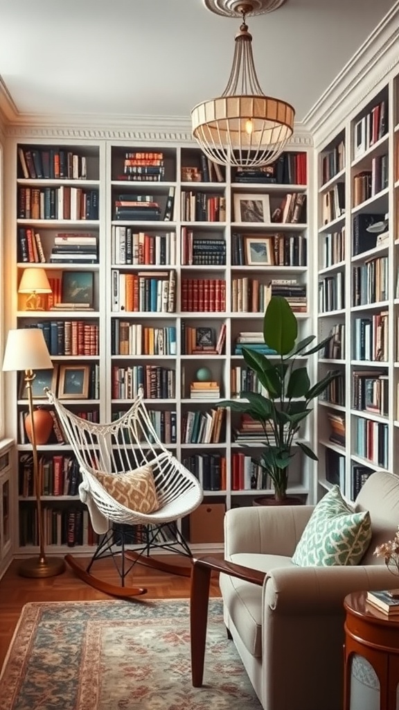 Cozy home library with bookshelves, rocking chair, and warm lighting