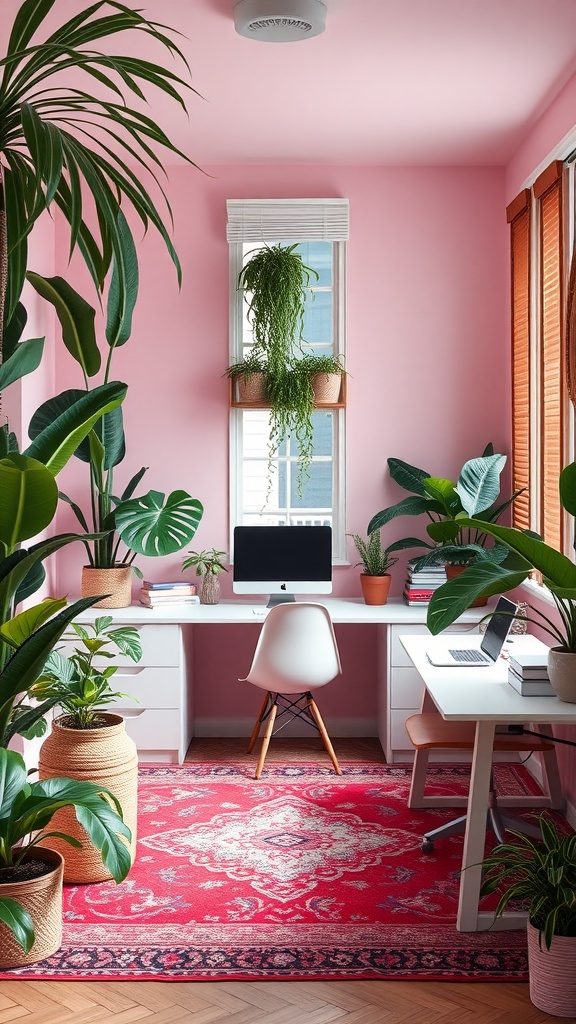 A modern boho office with pink walls, two desks, and plants creating a cozy work environment