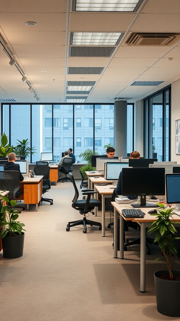 A modern office space with flexible workstations, featuring desks, computers, and plants.