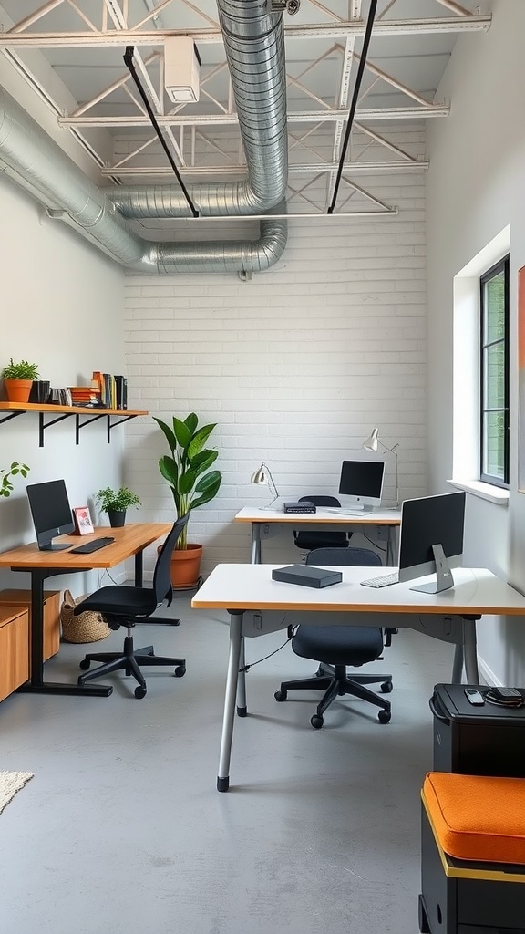 A spacious industrial office with flexible workstations, large windows, and modern decor.